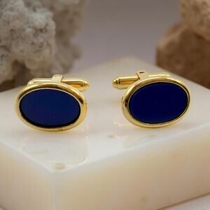 Vintage Christian Dior Blue Enamel Oval Gold Tone Cufflinks